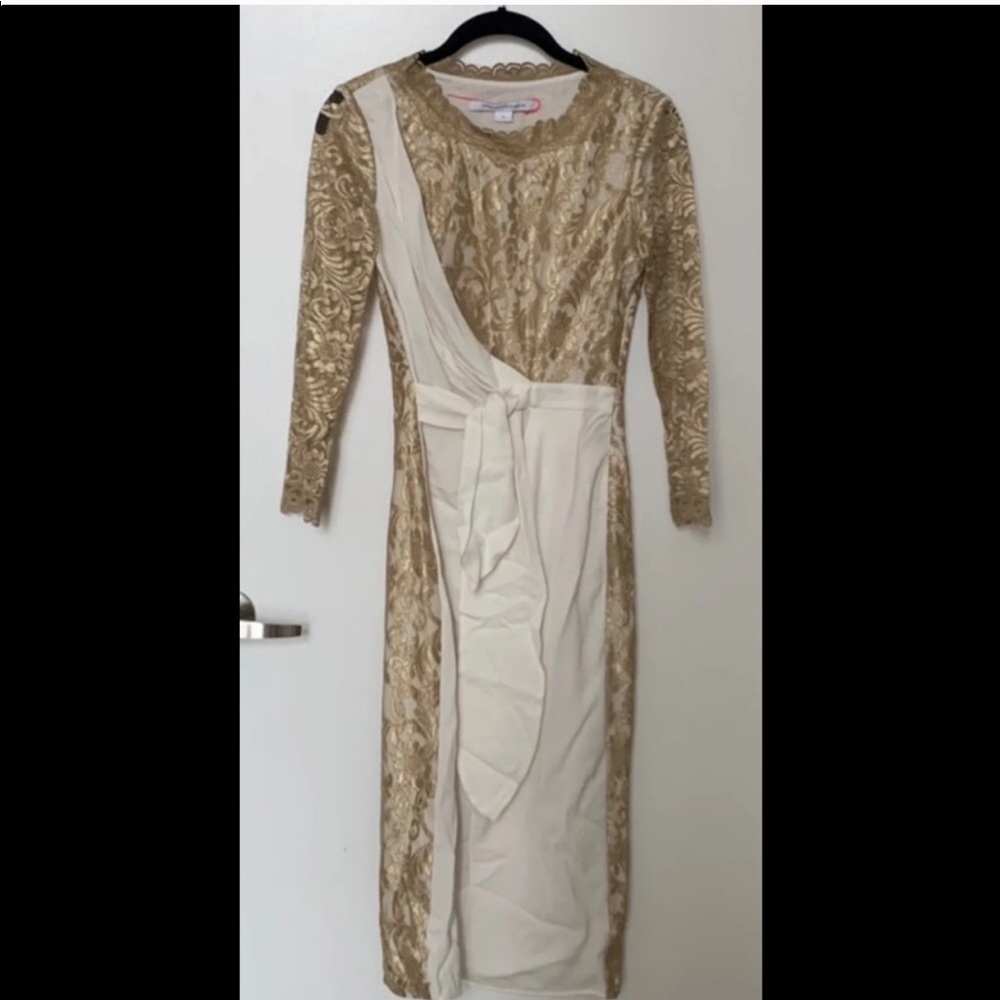 Diane Von Furstenberg Lace Gold Cream Dress 4